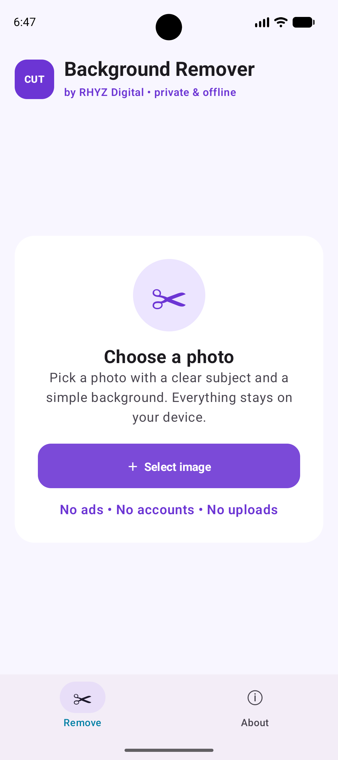 Background Remover app screen with the Select image action