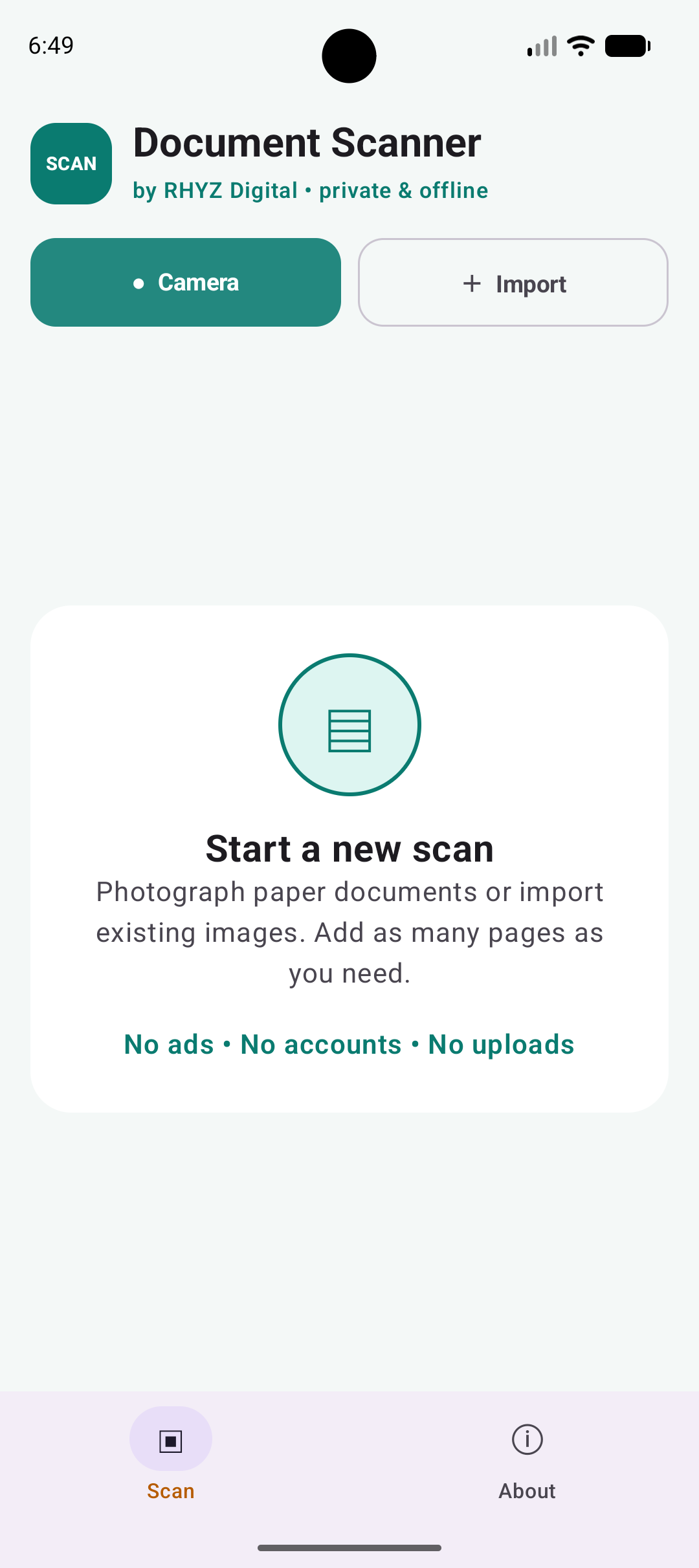 Document Scanner app screen with Camera and Import options
