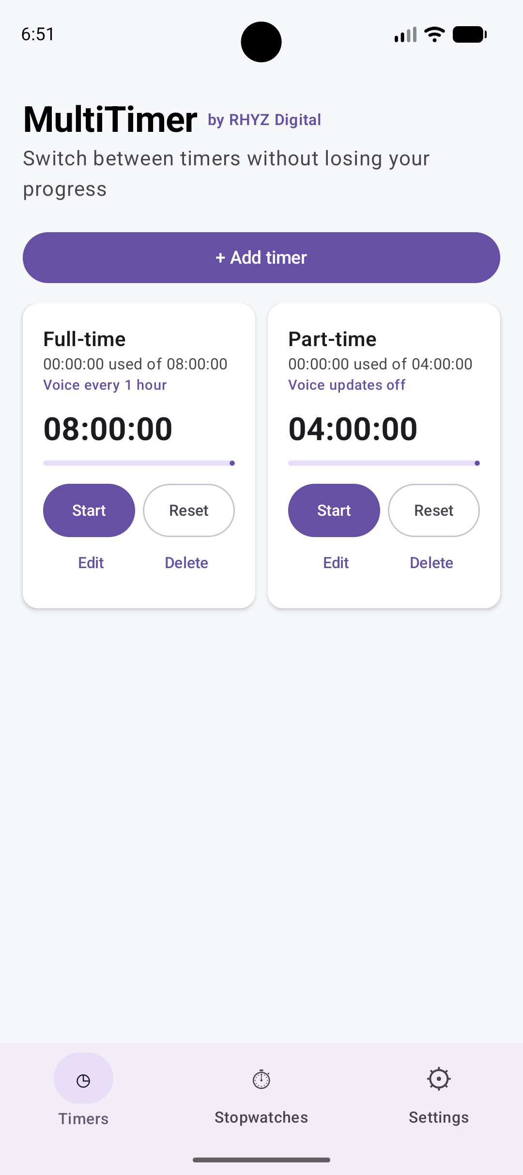 MultiTimer app screen showing two named countdown timers