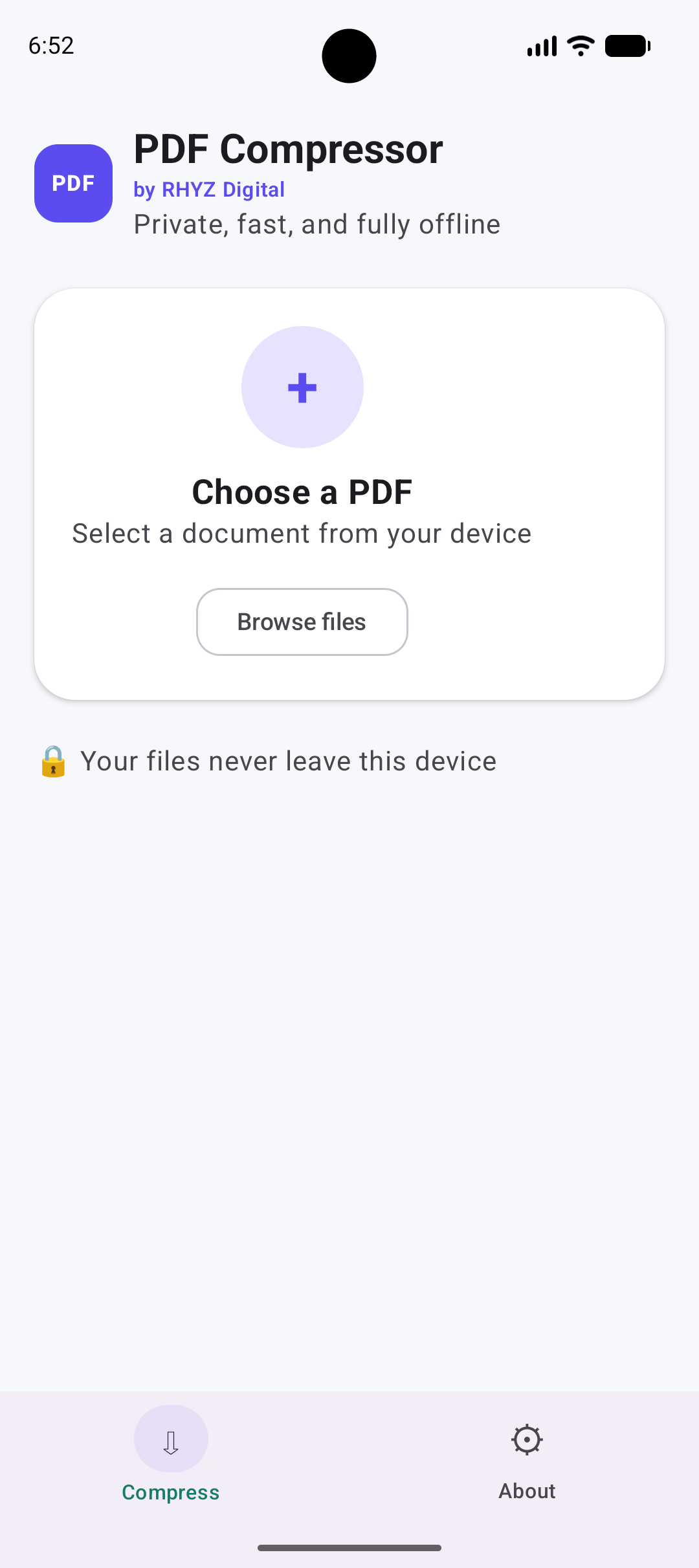 PDF Compressor app screen with the option to choose a PDF